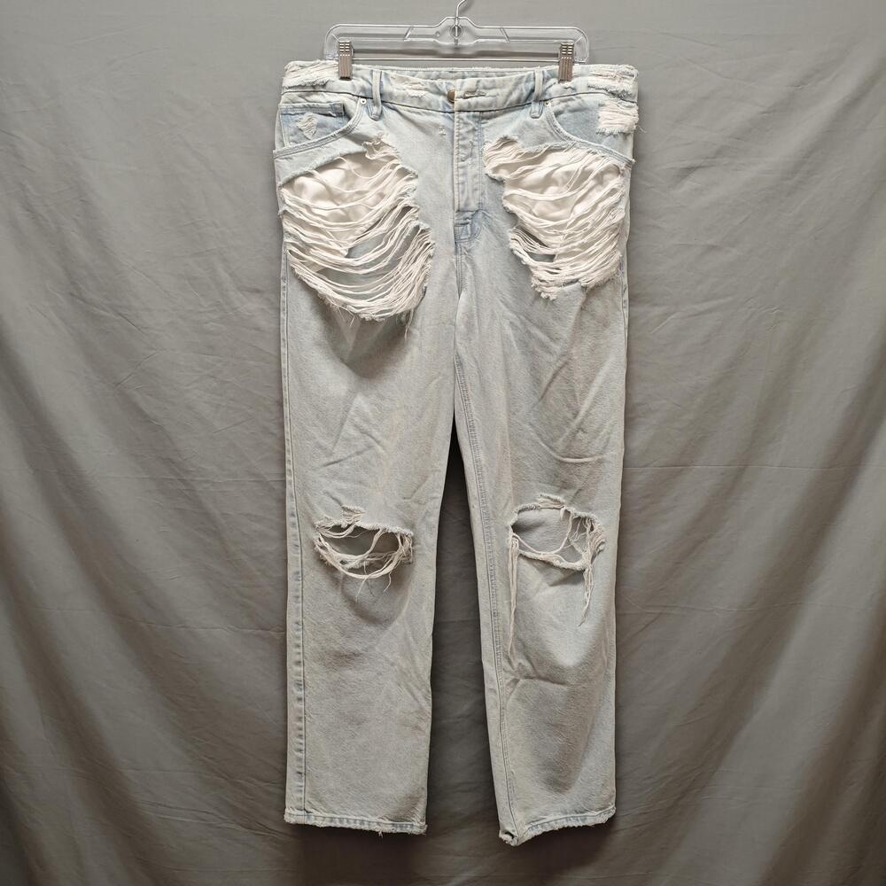 Good American Jeans Womens 14/32 Light Wash Distressed Ripped Straight Leg Denim